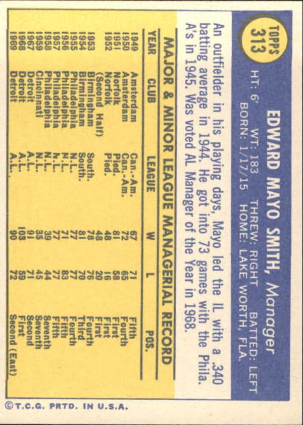 1970 Topps #313 Mayo Smith MG back image