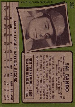 1971 Topps #285 Sal Bando back image
