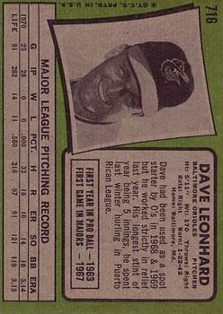 1971 Topps #716 Dave Leonhard back image