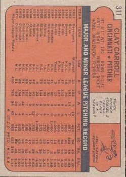 1972 Topps #311 Clay Carroll back image