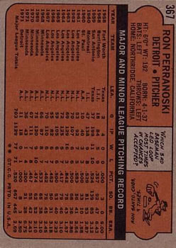 1972 Topps #367 Ron Perranoski back image