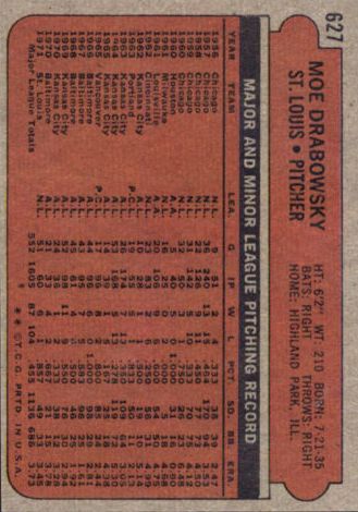 1972 Topps #627 Moe Drabowsky back image