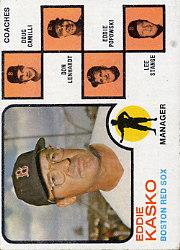 1973 Topps #131A Eddie Kasko MG/Doug Camilli CO/Don Lenhardt CO/Eddie Popowski CO (without Right Ear)/Lee Stange CO