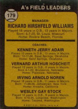 1973 Topps #179B Dick Williams MG/Jerry Adair CO/Vern Hoscheit CO (without Left Ear)/Irv Noren CO/Wes Stock CO back image