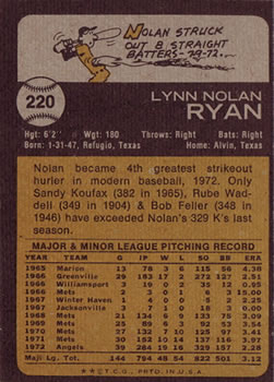 1973 Topps #220 Nolan Ryan back image