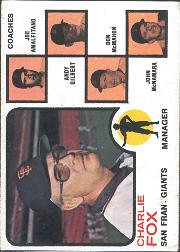 1973 Topps #252A Charlie Fox MG/Joe Amalfitano CO/Andy Gilbert CO/Don McMahon CO/John McNamara CO (Orange Background)