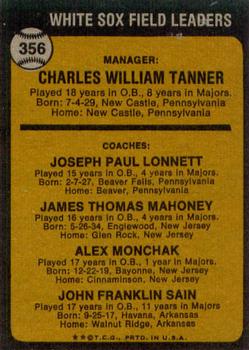 1973 Topps #356 Chuck Tanner MG/Joe Lonnett CO/Jim Mahoney CO/Al Monchak CO/Johnny Sain CO back image