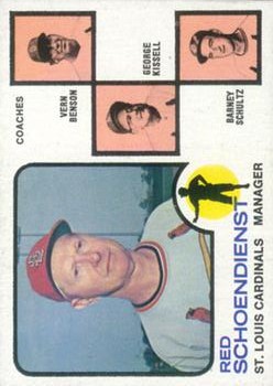 1973 Topps #497A Red Schoendienst MG/Vern Benson CO/George Kissell CO/Barney Schultz CO (Orange Background)