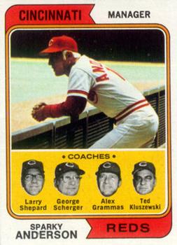 1974 Topps #326 Sparky Anderson MG/Larry Shepard CO/George Scherger CO/Alex Grammas CO/Ted Kluszewski CO