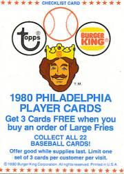 1980 Phillies Burger King #NNO Checklist Card TP