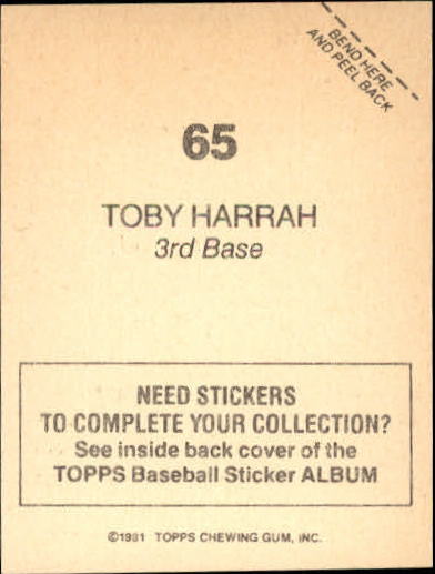 1981 Topps Stickers #65 Toby Harrah back image