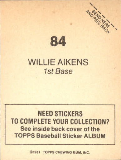 1981 Topps Stickers #84 Willie Aikens back image