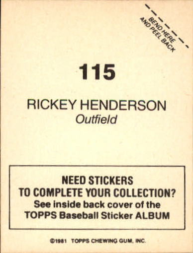 1981 Topps Stickers #115 Rickey Henderson back image