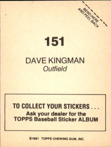 1981 Topps Stickers #151 Dave Kingman back image