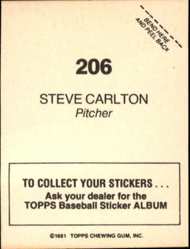 1981 Topps Stickers #206 Steve Carlton back image