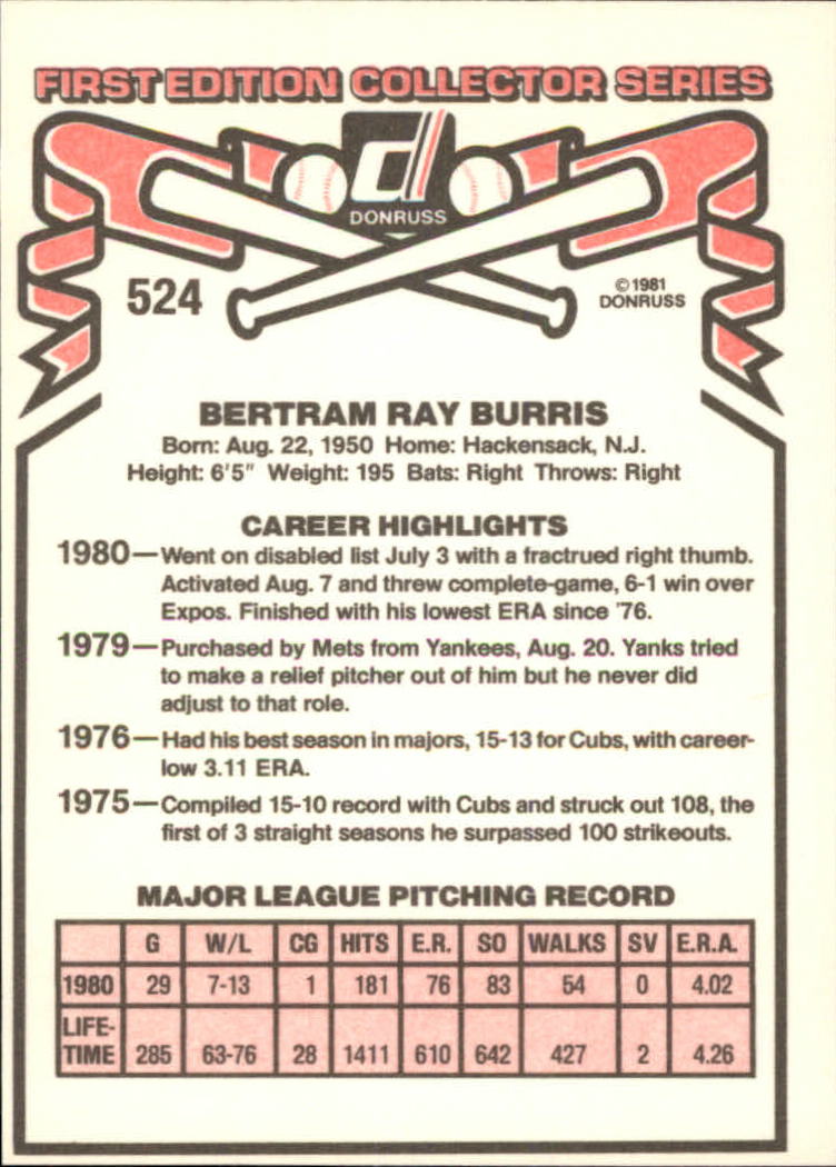 1981 Donruss #524A Ray Burris P1/(Career Highlights:/%%Went on ...~ back image