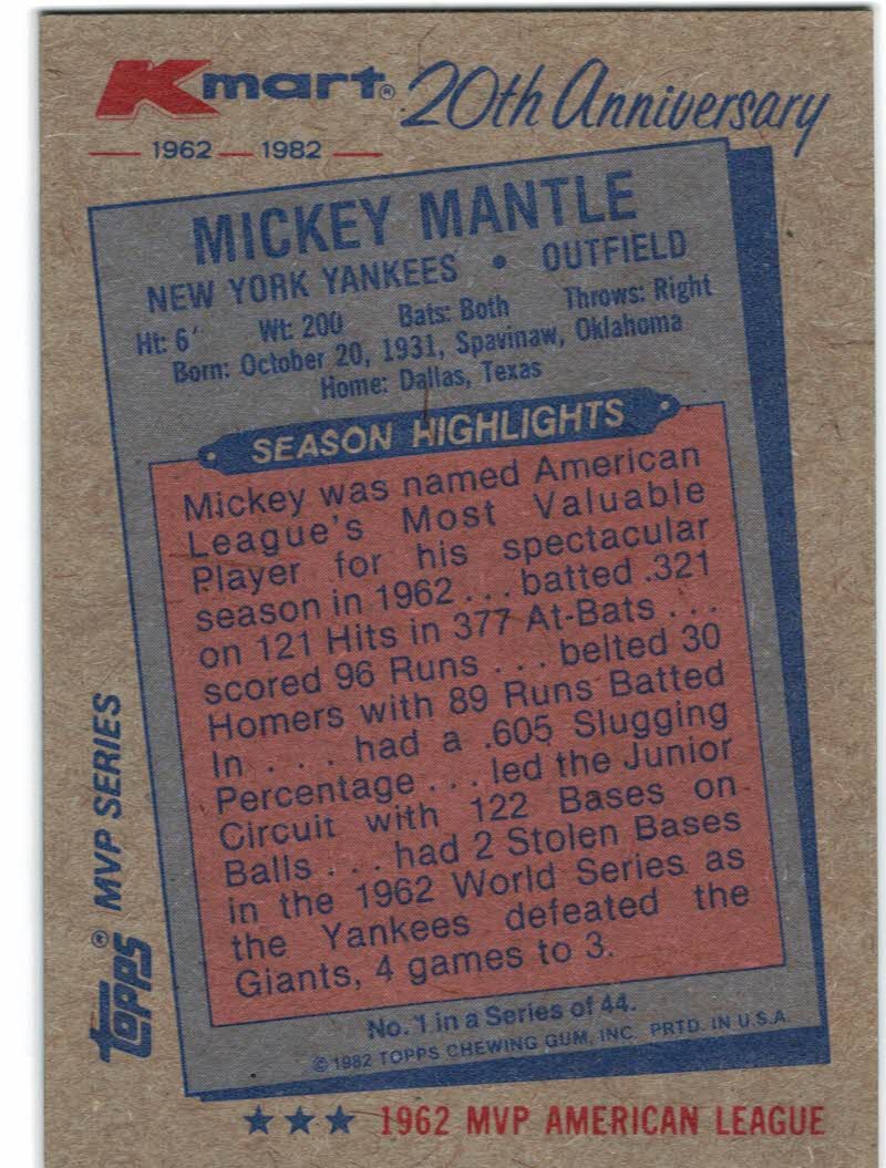 1982 K-Mart #1 Mickey Mantle: 62AL back image