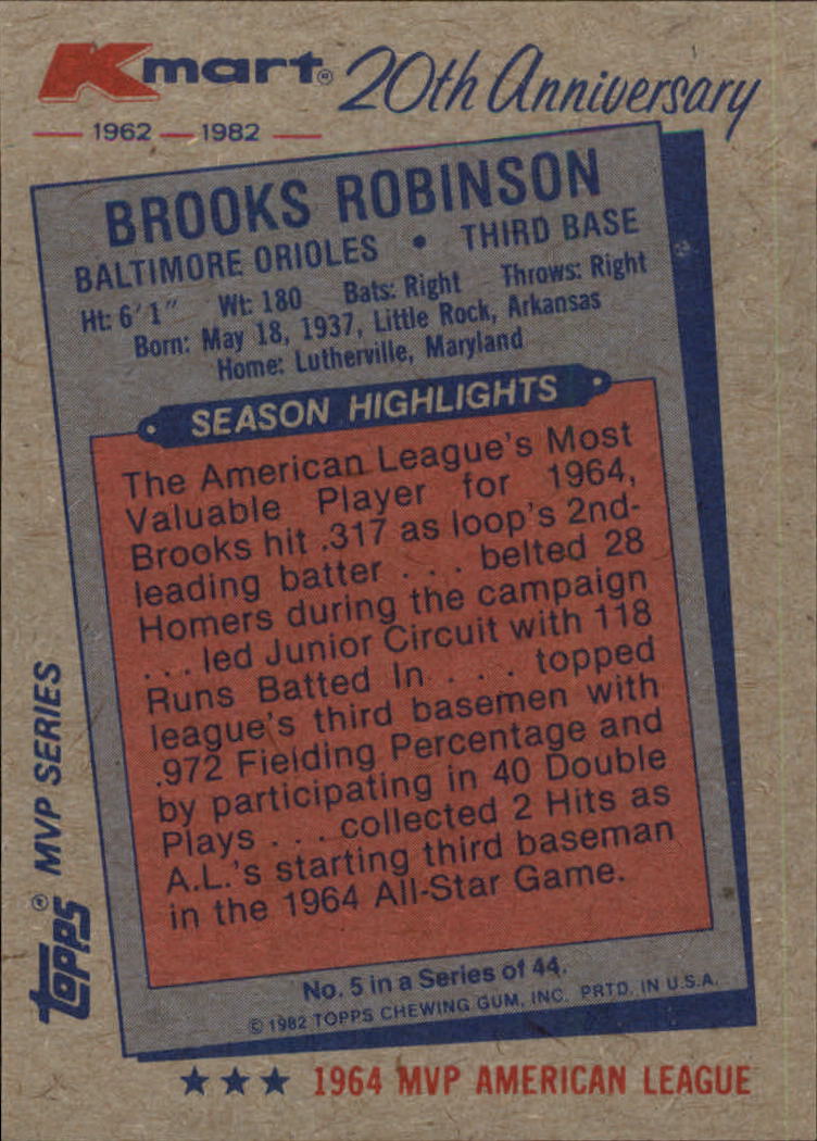 1982 K-Mart #5 Brooks Robinson: 64AL back image