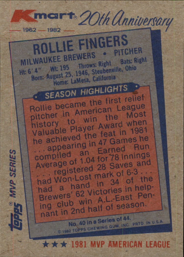 1982 K-Mart #40 Rollie Fingers: 81AL back image