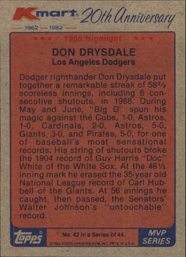 1982 K-Mart #42 Don Drysdale '68 HL/(Scoreless innings) back image