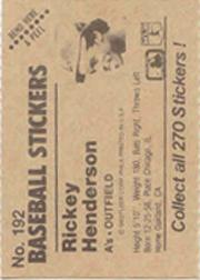 1983 Fleer Stickers #192 Rickey Henderson back image