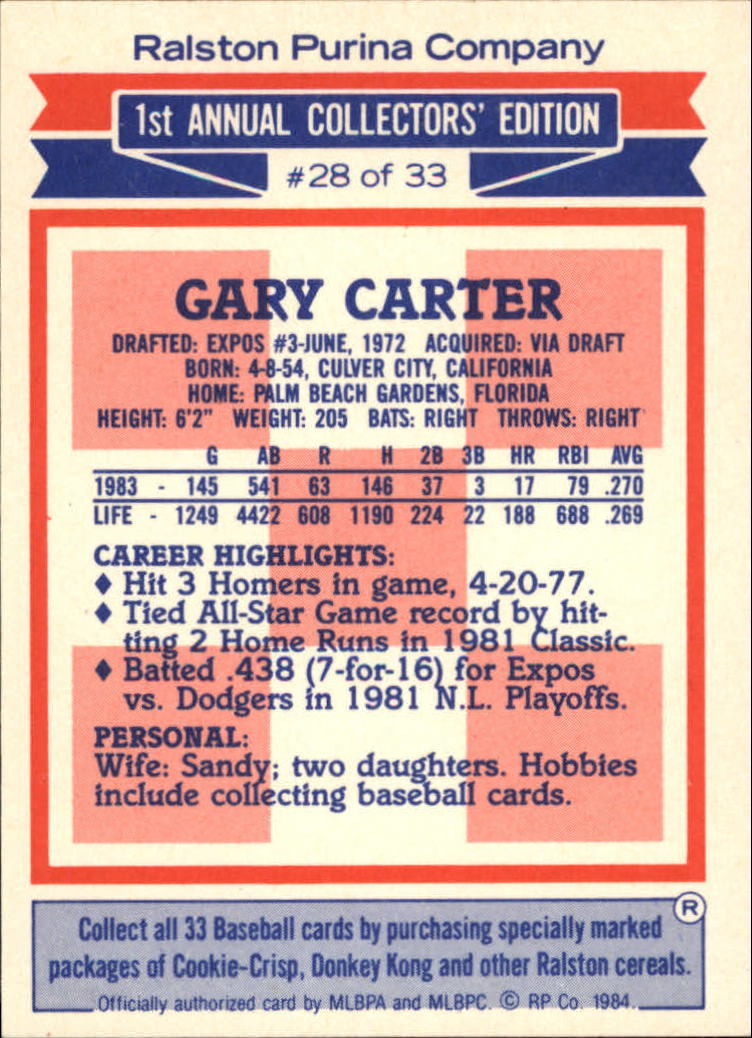 1984 Ralston Purina #28 Gary Carter back image