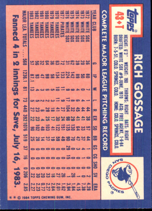 1984 Topps Traded #43T Rich Gossage back image