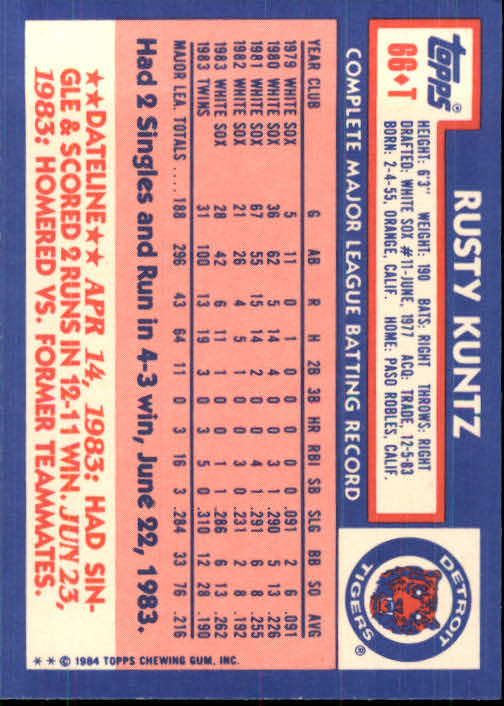 1984 Topps Traded #66T Rusty Kuntz back image