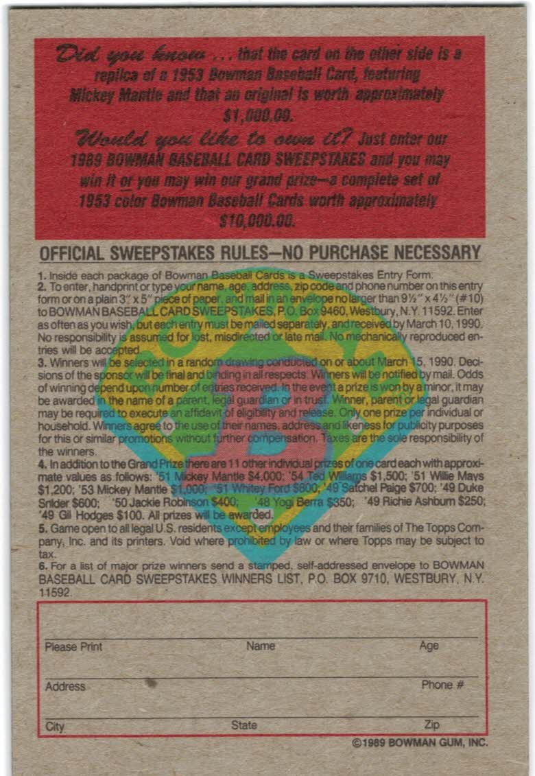 1989 Bowman Reprint Inserts #6 Mickey Mantle 53 back image
