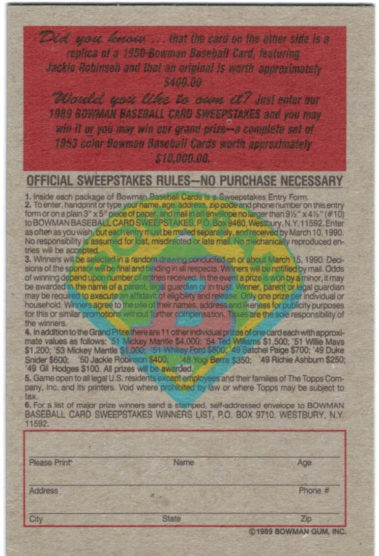 1989 Bowman Reprint Inserts #9 Jackie Robinson 50 back image