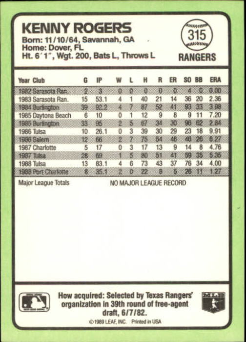 1989 Donruss Baseball's Best #315 Kenny Rogers back image