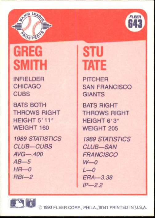 1990 Fleer #643 Greg Smith/Stu Tate back image