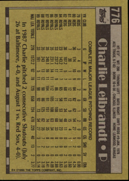 1990 Topps #776 Charlie Leibrandt back image