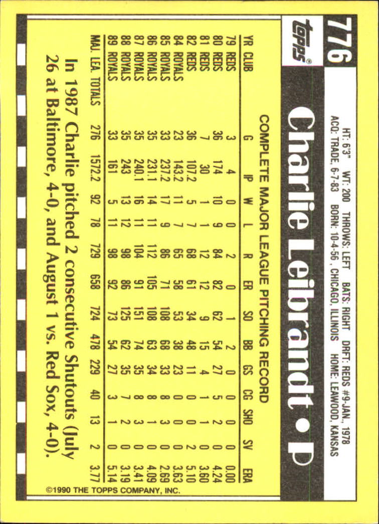 1990 Topps Tiffany #776 Charlie Leibrandt back image