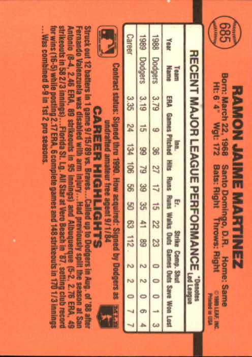 1990 Donruss #685 Ramon Martinez back image
