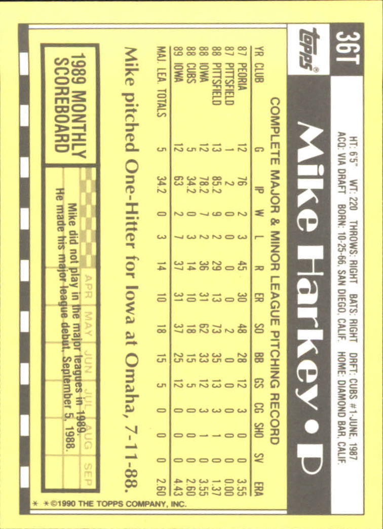 1990 Topps Traded Tiffany #36T Mike Harkey back image