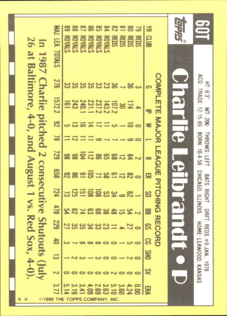 1990 Topps Traded Tiffany #60T Charlie Leibrandt back image