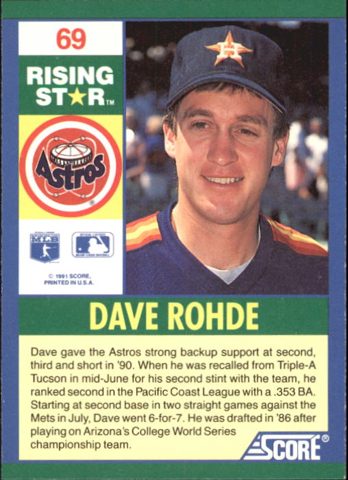 1991 Score 100 Rising Stars #69 Dave Rohde back image