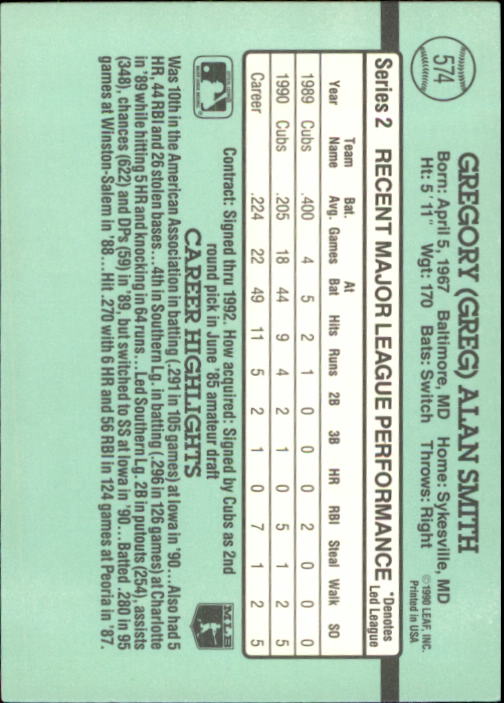 1991 Donruss #574 Greg Smith back image