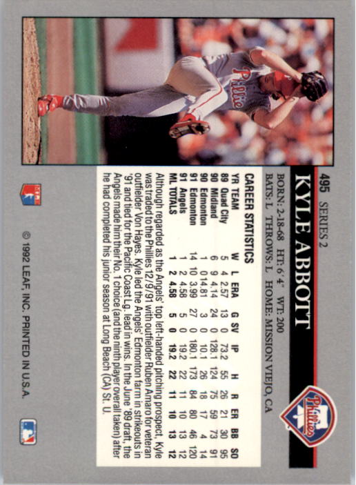 1992 Leaf #495 Kyle Abbott back image