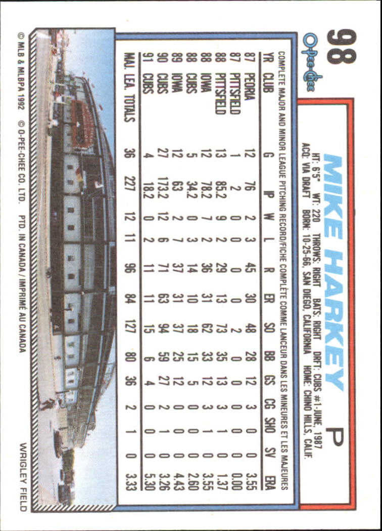 1992 O-Pee-Chee #98 Mike Harkey back image