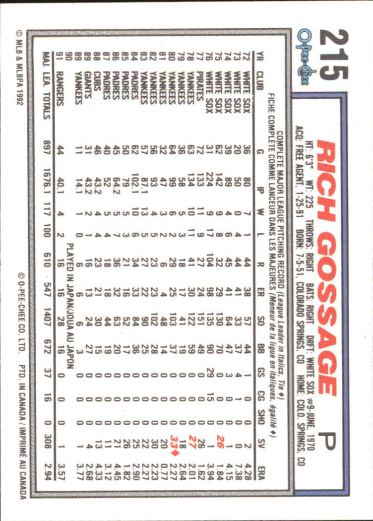 1992 O-Pee-Chee #215 Rich Gossage back image
