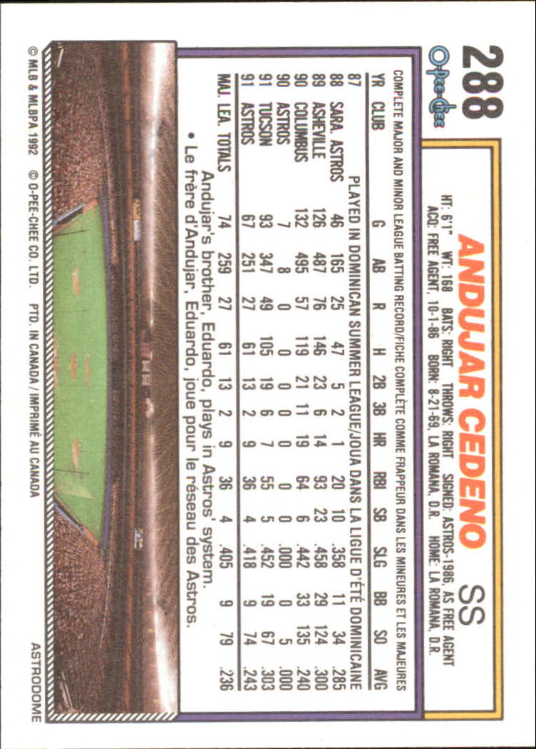 1992 O-Pee-Chee #288 Andujar Cedeno back image