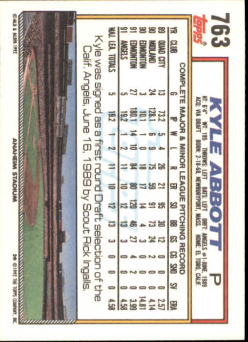 1992 Topps #763 Kyle Abbott back image