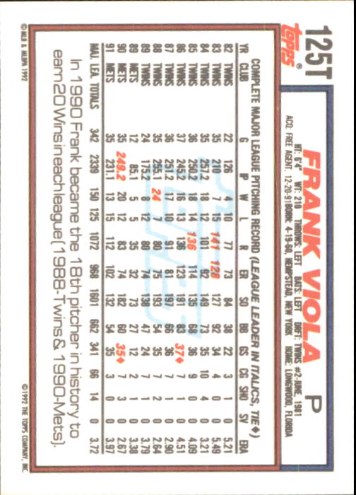 1992 Topps Traded #125T Frank Viola back image