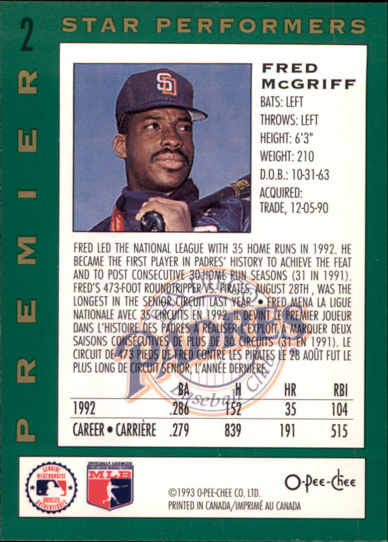 1993 O-Pee-Chee Premier Star Performers #2 Fred McGriff back image