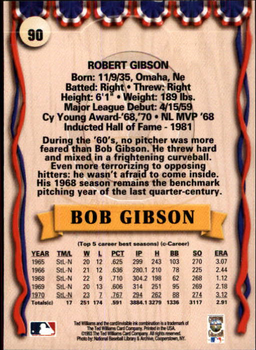 1993 Ted Williams #90 Bob Gibson back image