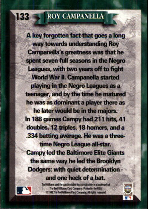 1993 Ted Williams #133 Roy Campanella back image
