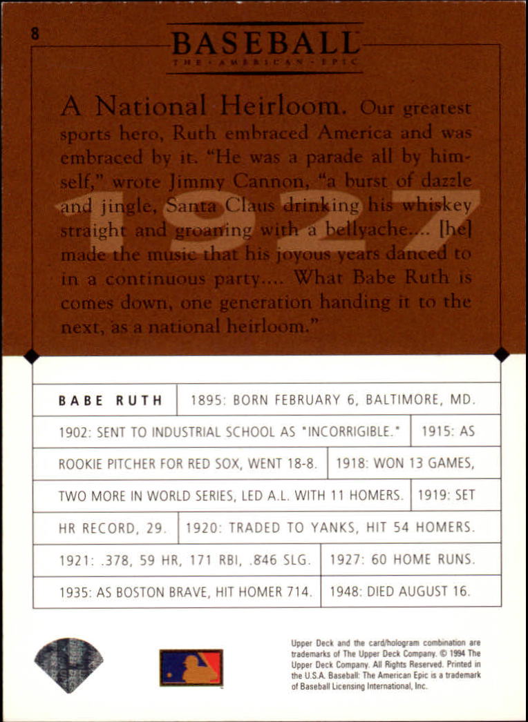 1994 Upper Deck: The American Epic GM #8 Babe Ruth back image