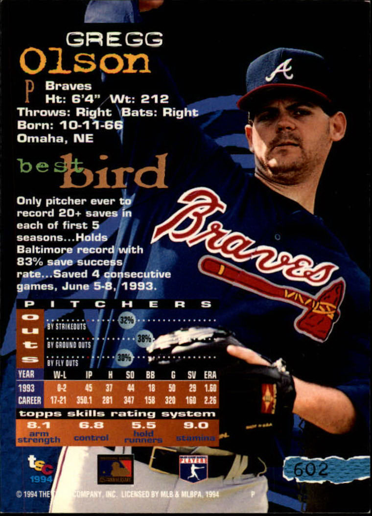 1994 Stadium Club #602 Gregg Olson back image